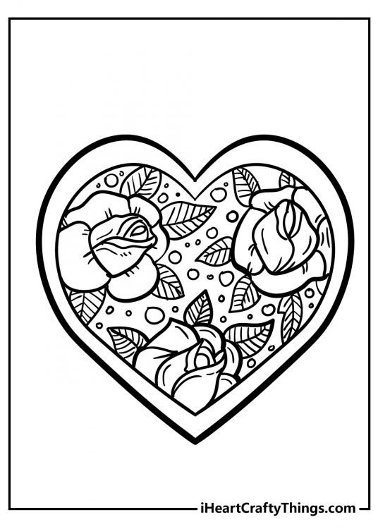 Printable card featuring heart with three beautiful roses growing in its center