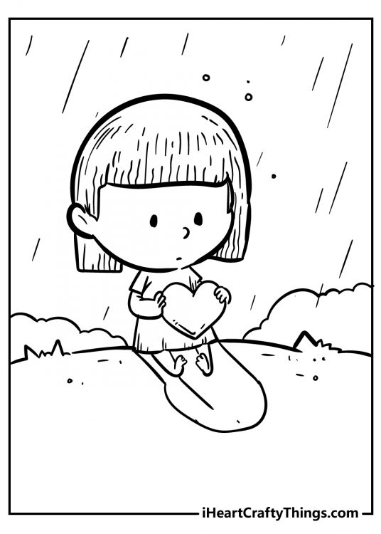 Coloring picture presenting little girl sitting outside as it rains and looking at the heart shape in her hands