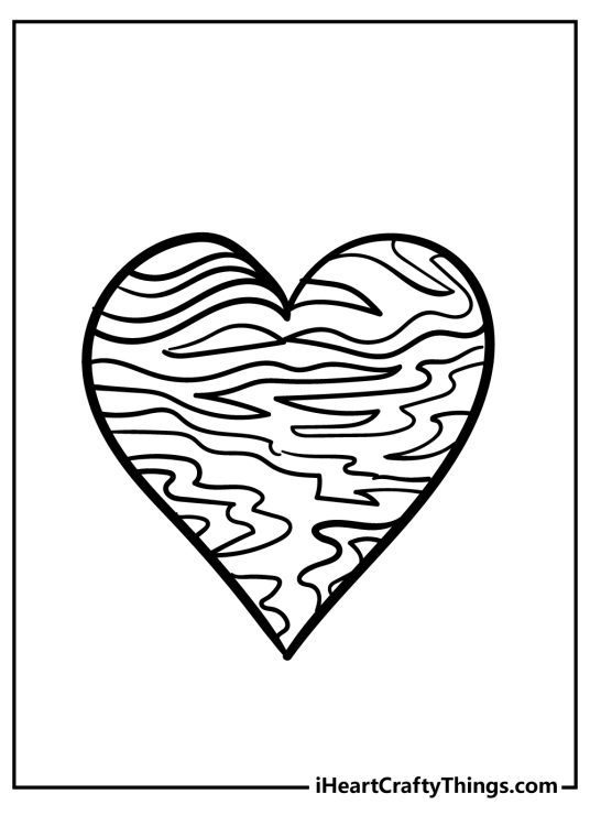 Heart-themed coloring page for kids featuring interesting design heart with wavy lines pattern