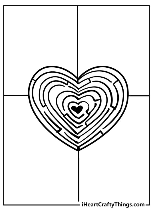 Free printable picture for children featuring big heart with intricate maze pattern inside