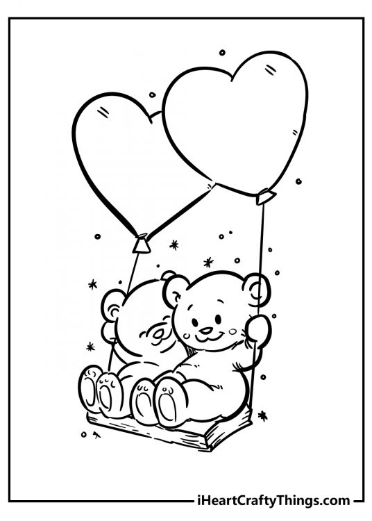 Heart-themed card depicting two bears sitting on a bench that is held up by two heart-shaped balloons
