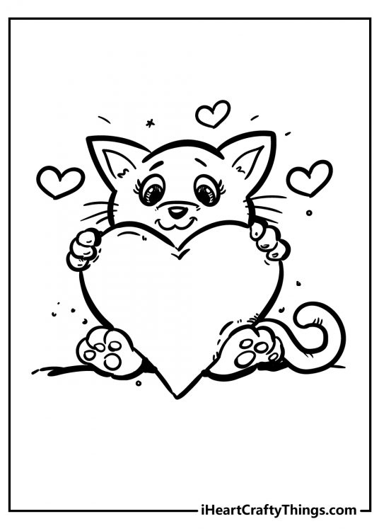 Coloring picture for pre-schoolers showing a sitting kitten hugging big heart shape with her paws