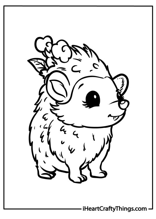 Free page to print and color of a cute little hedgehog with big round eyes standing on his little spiky legs