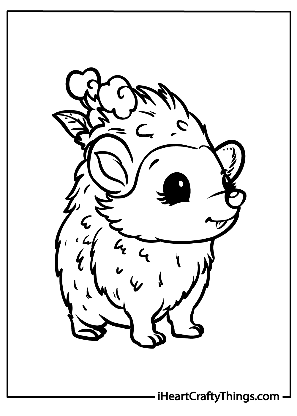 Free page to print and color of a cute little hedgehog with big round eyes standing on his little spiky legs