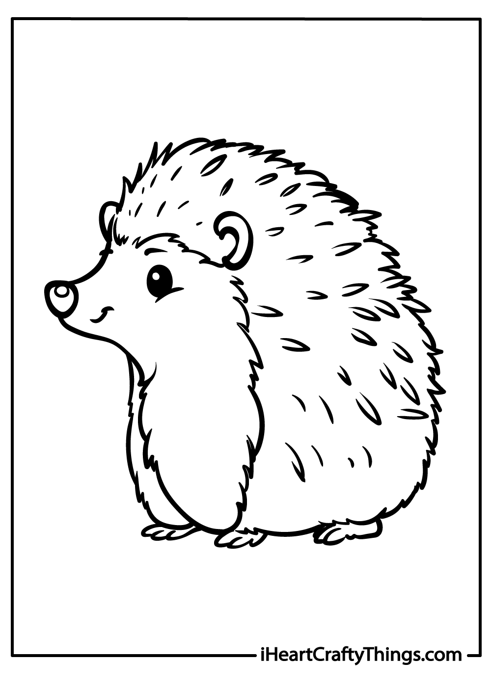 Black-and-white printable pdf featuring hedgehog with a cute and pointy nose, black eyes and textured spines