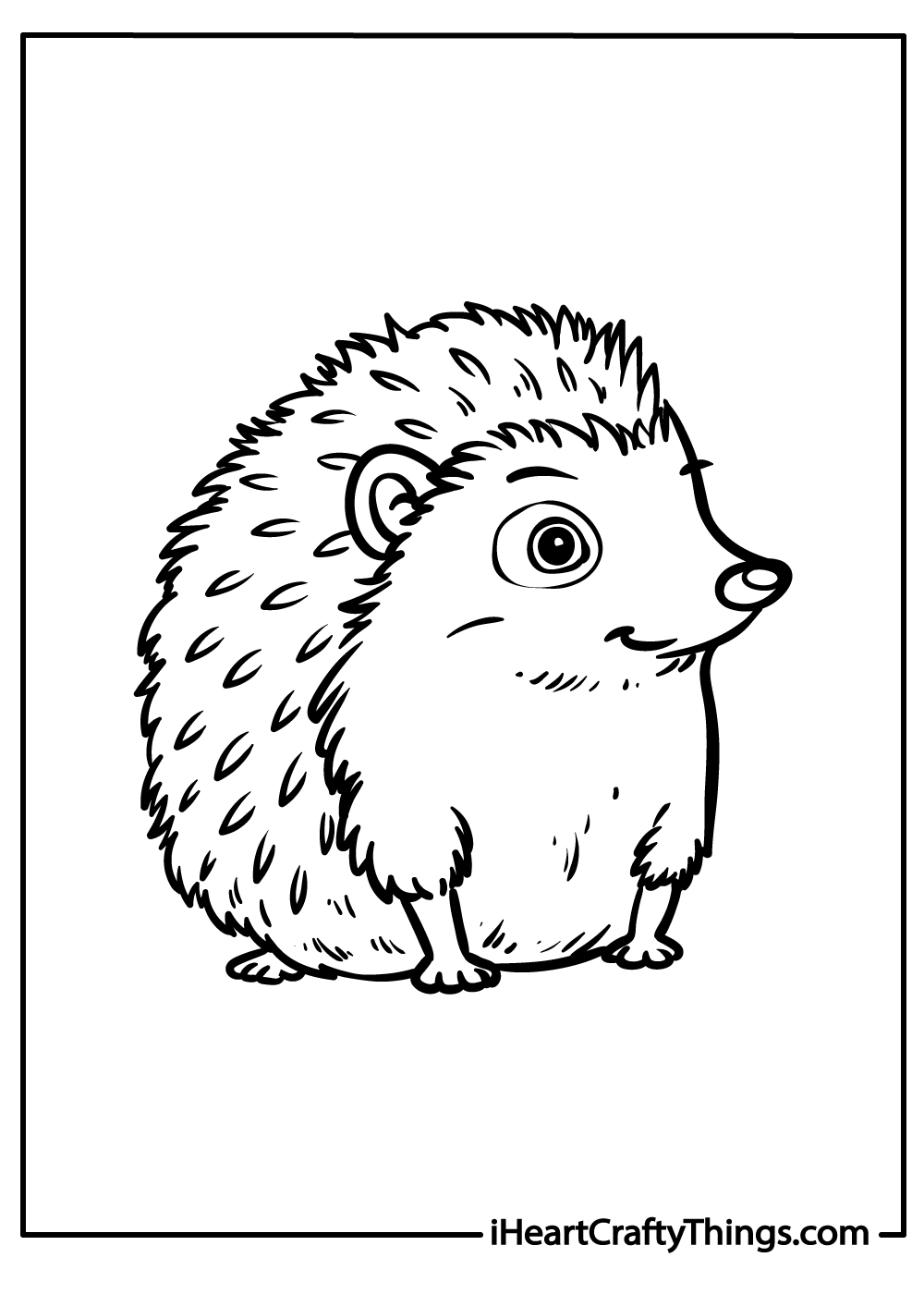 Printable pdf featuring playful hedgehog sitting with eyes widely opened and head turned to the right side