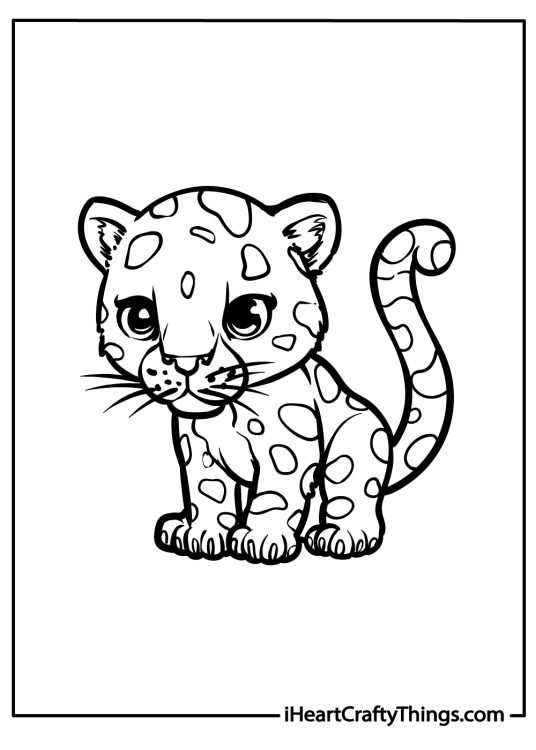 Coloring page for children featuring a sweet baby jaguar in a sitting position with blank background