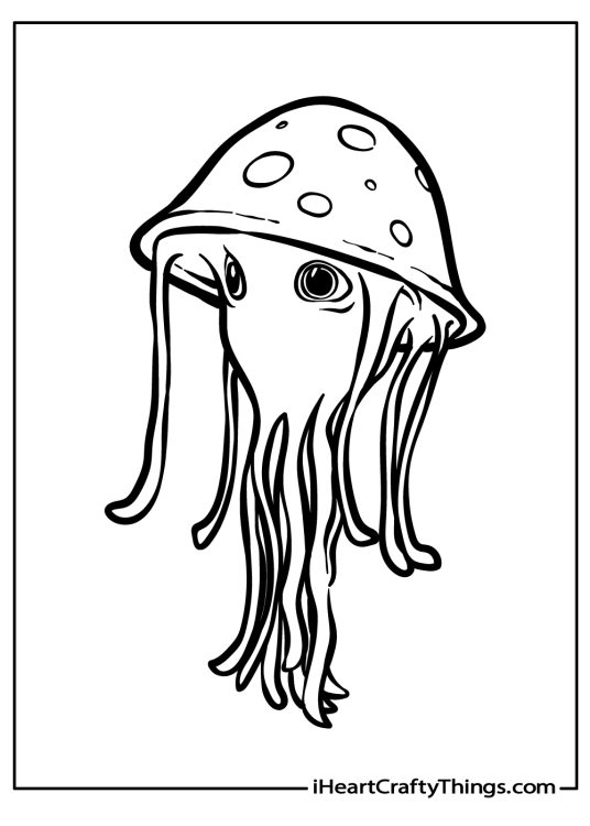 Coloring page featuring jellyfish with a round bell with spots on it big eyes and a smile on its face