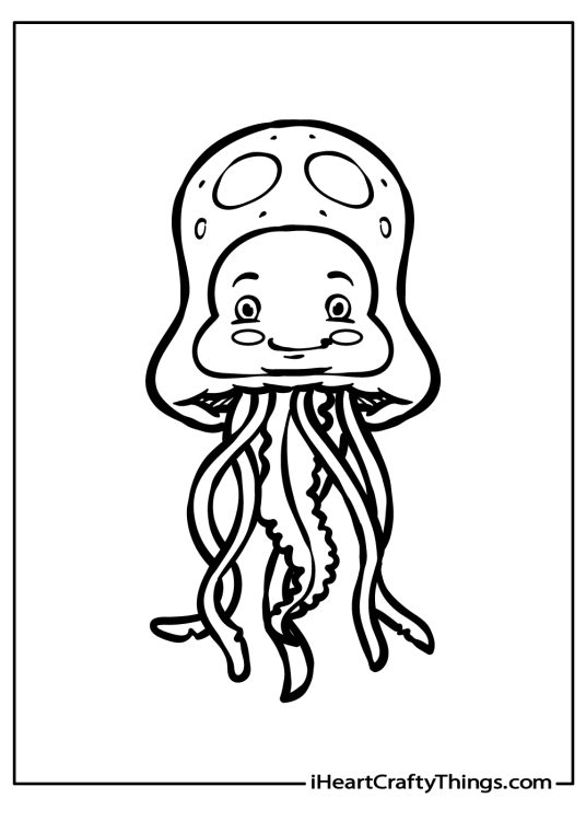 Picture featuring jellyfish with facial details and seven tentacles hanging from its bell