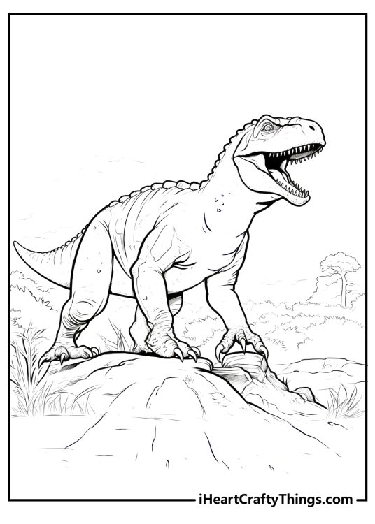 Jurassic Park poster featuring T-Rex standing on a rocky outcropping with trees and foliage in the background