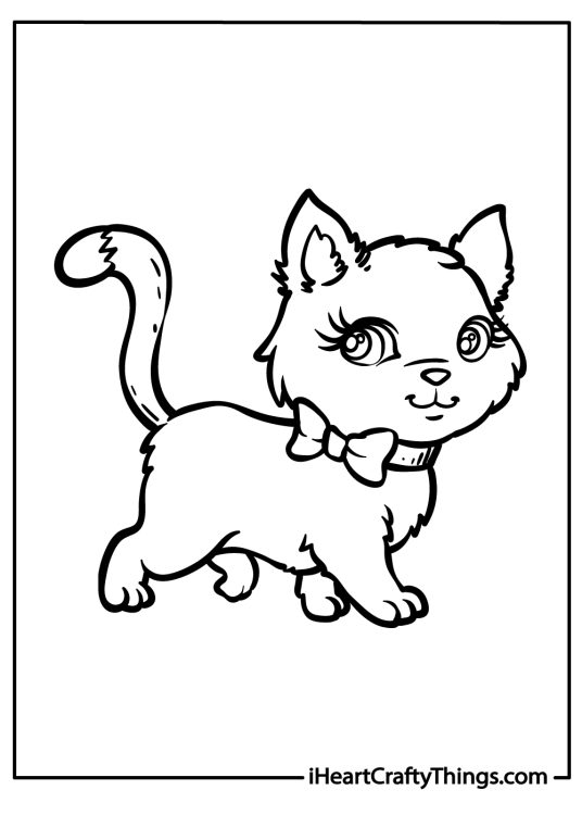 Free kitten coloring sheet featuring cute playful kitty with a bow around its neck