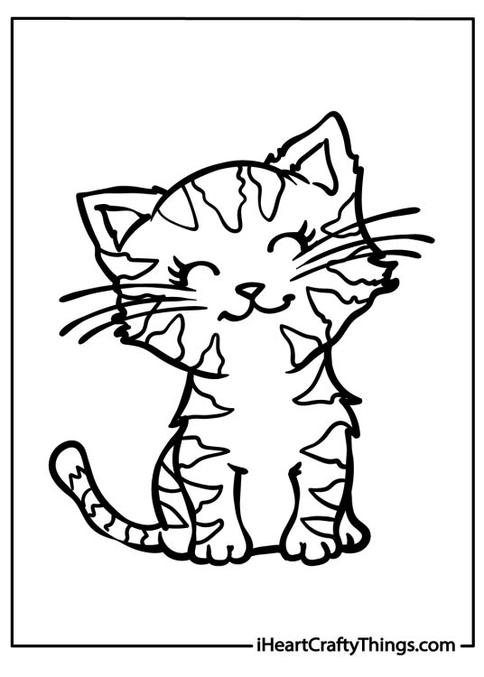 Free coloring printable of a striped kitten with a happy smile, closed eyes and pointed ears