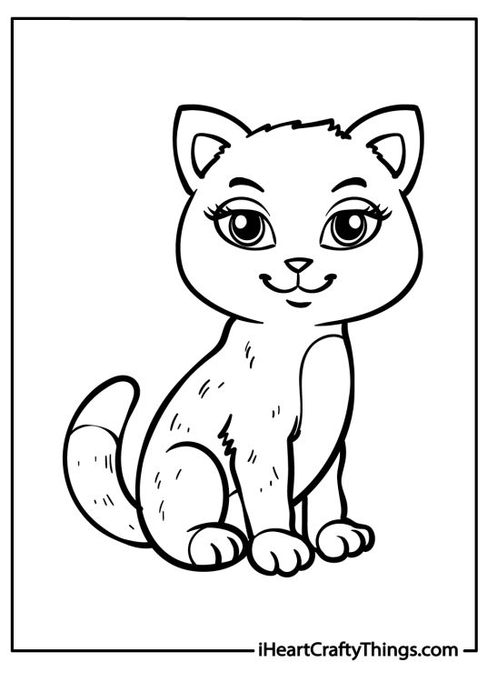 Fluffy kitten is sitting up tall with tail curled around its paws free printable page to color