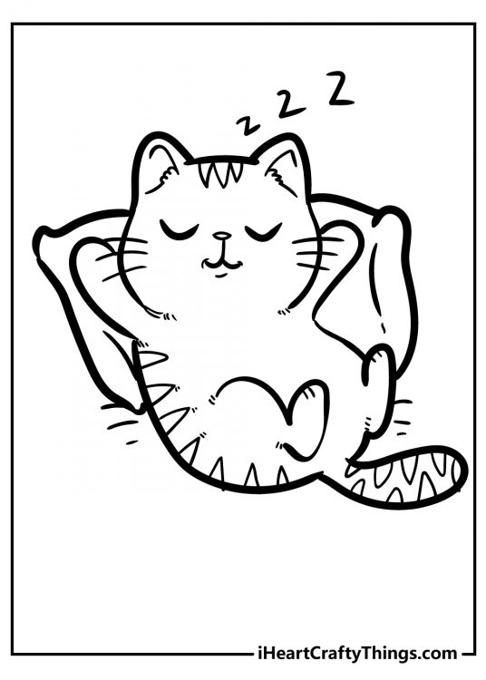 Free coloring printable for kids featuring kitten laying on a pillow and snoring