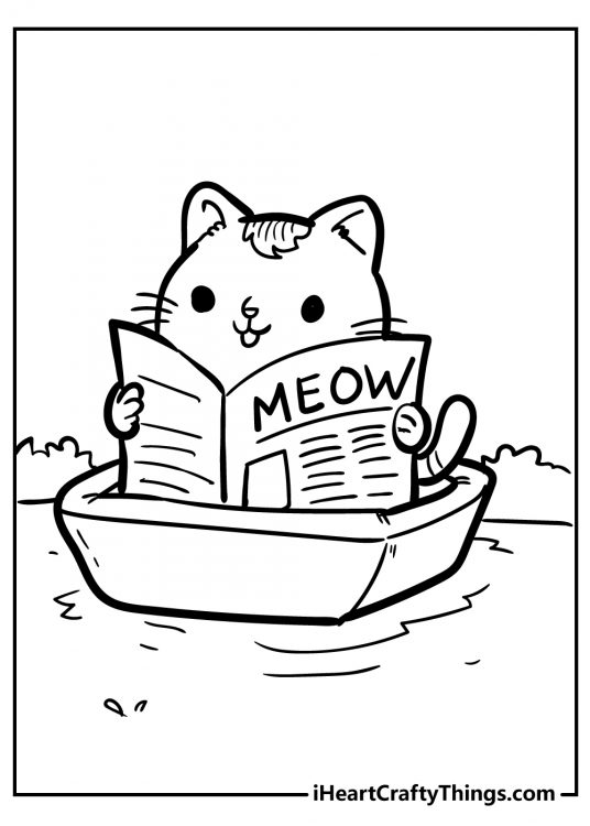 Funny coloring page for kids of a kitten reading newspaper while taking a bathroom break in his litterbox