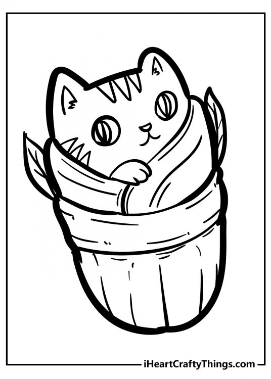 Free coloring image of a little kitten wrapped up in blankets with one paw poking out