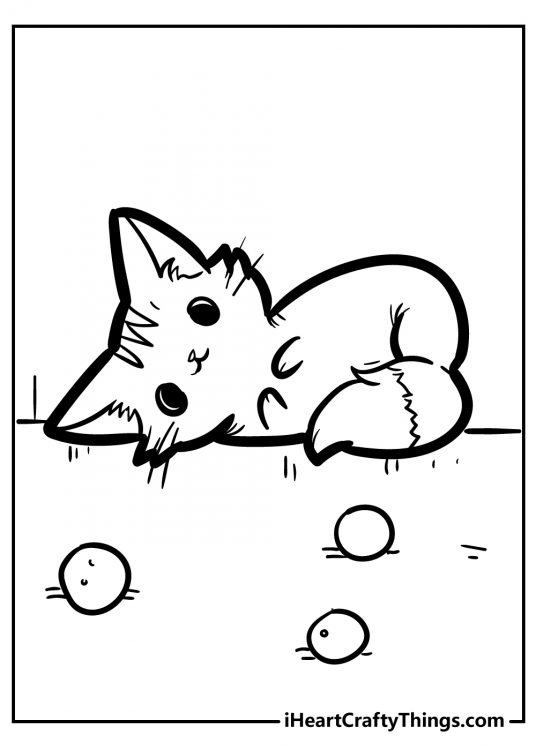 Coloring page of a kitten with a very fluffy tail curled up on her side after playing with three toy balls