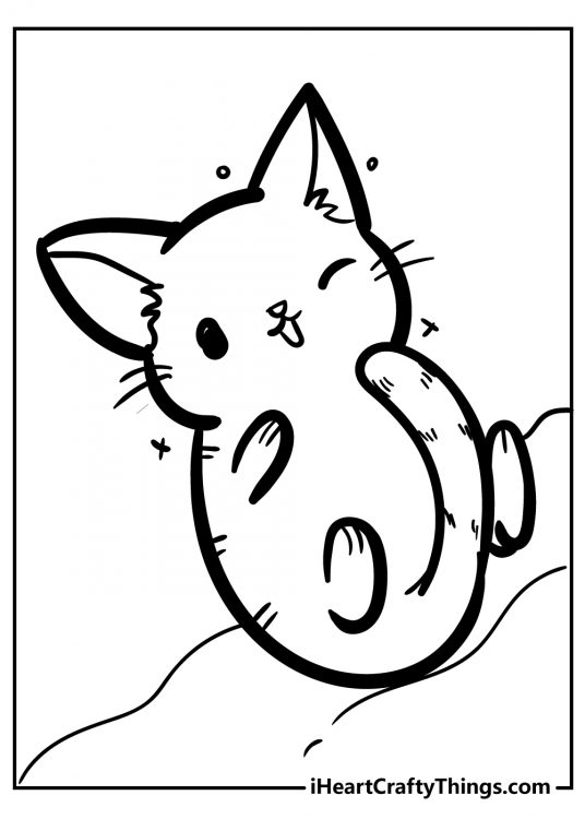 Free printable featuring cute kitten with pointed ears rolling onto his back and giving us a cute wink