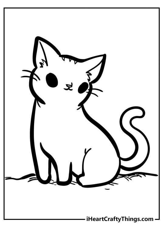 Printable coloring drawing for children featuring sitting kitten with big round eyes and long tail