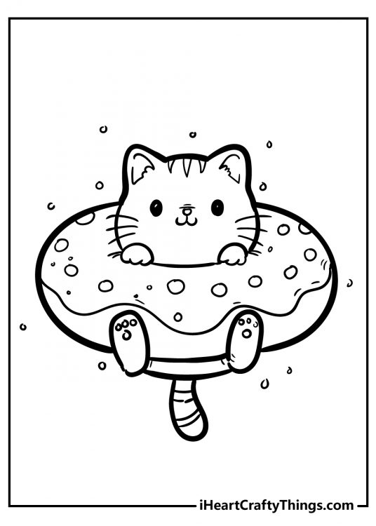 Free kitten coloring page featuring cartoon kitten who wedged himself into a donut