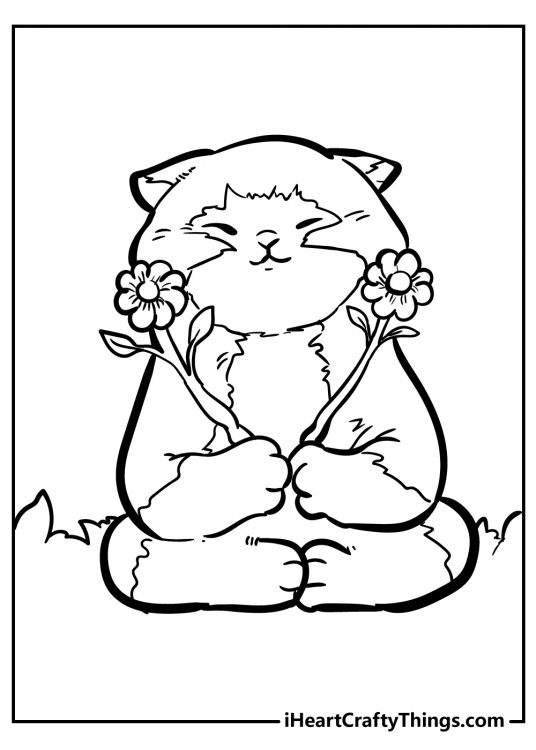 Coloring picture of a kitten sitting in the yard and enjoying the smell of two fresh flowers