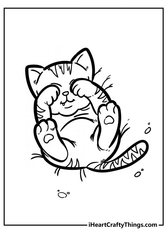 Detailed coloring sheet of a tired kitten laying on its back and rubbing his paws into the eyes