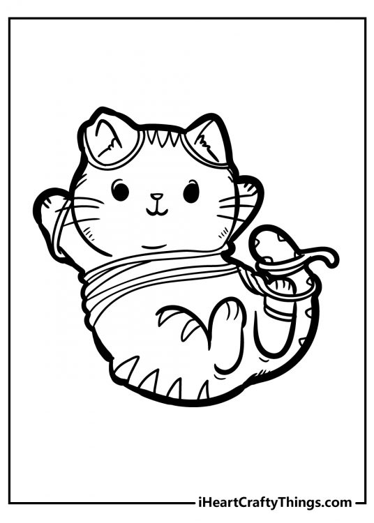 Printable coloring sheet of a tangled kitten who gotten himself caught in a bunch of string