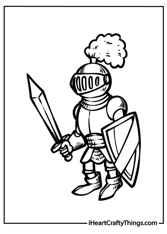 Printable pdf of a knight in armor with sword and shield wearing a helmet with a plume on top