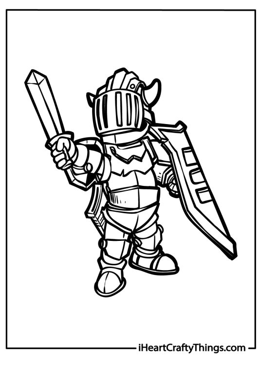 Printable pdf of a young knight in full armor holding a sword and shield in a battle-ready pose