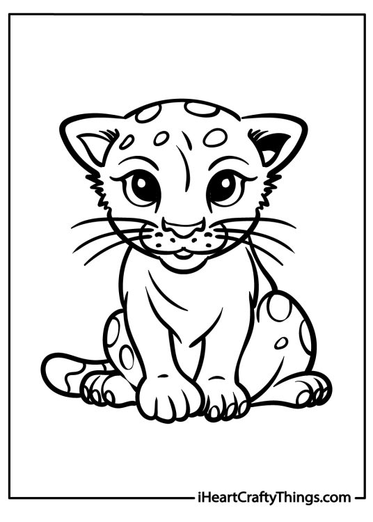 Printable coloring sheet for children featuring little cute leopard sitting on the floor