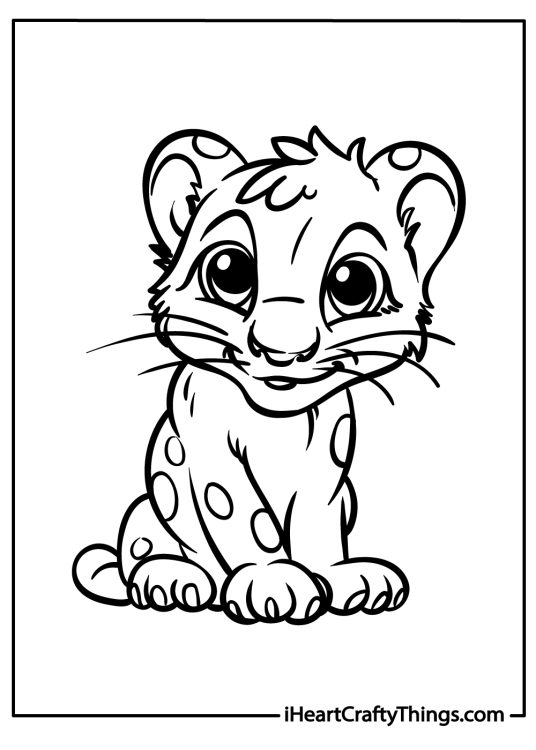 Coloring sheet for pre-schoolers featuring cute baby leopard sitting on his hind legs
