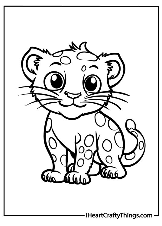 Leopards coloring page featuring little playful cub with bright smile and fuzzy fur