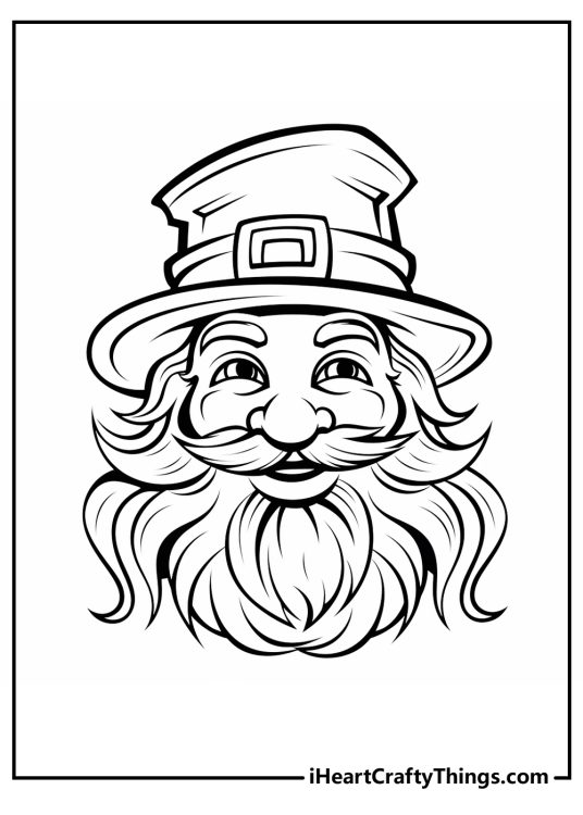 Detailed portrait of old smiley leprechaun with large beard and mustache wearing signature hat