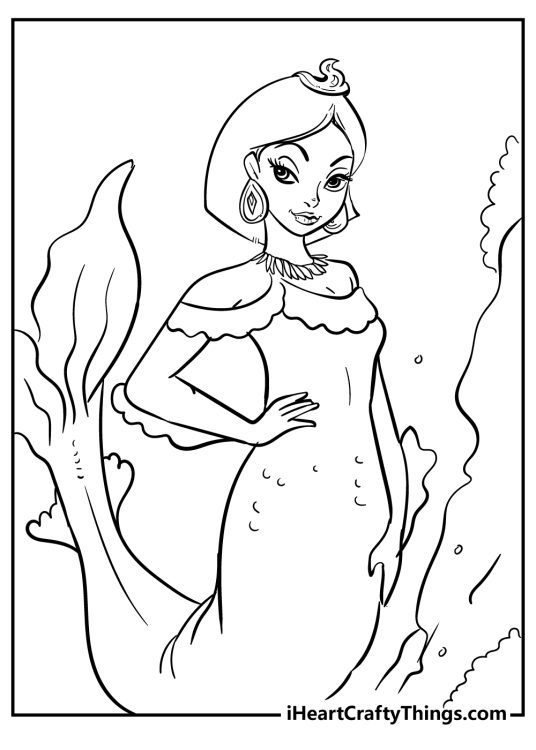 Detailed coloring image featuring a wonderfully elegant mermaid with short hair and long tail curled up