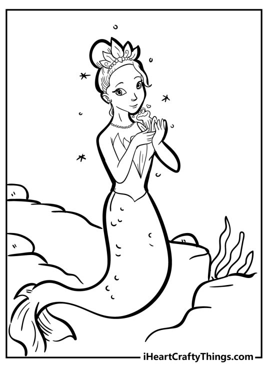 Printable coloring sheet for kids depicting mermaid under water posed with a cute frog