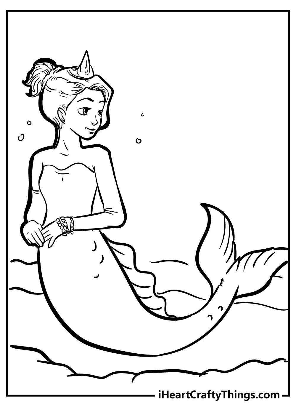 Detailed drawing of a pretty mermaid in a water with head turned to the right side