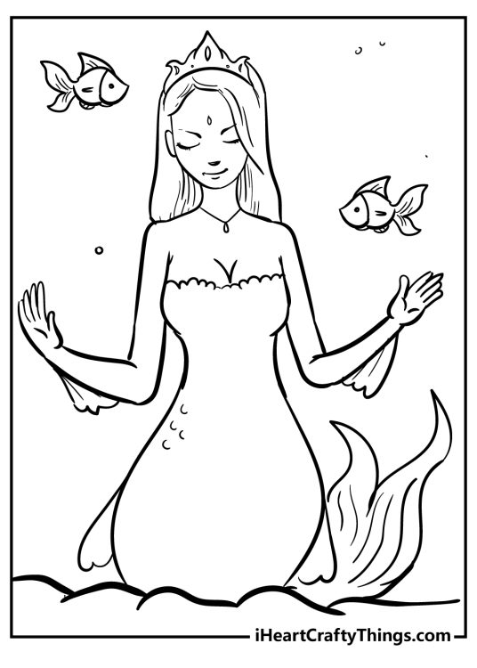 Printable pdf of a mermaid sitting with closed eyes looking calm and relaxed surrounded by some fish