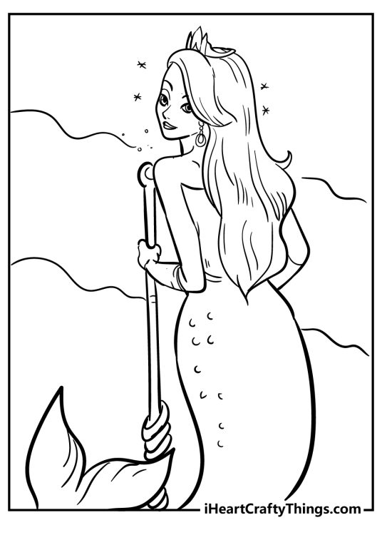 Detailed printable image featuring long-haired mermaid posed with some kind of staff or trident