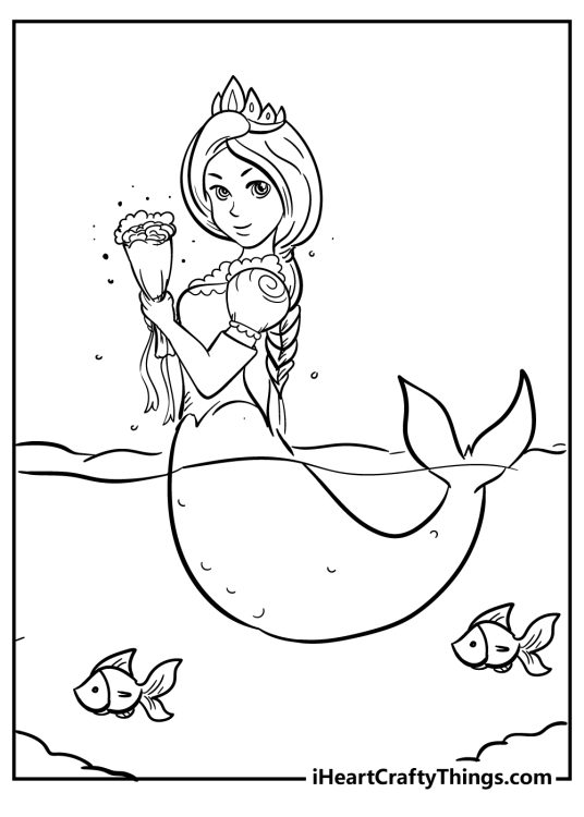 Coloring page featuring mermaid in a water holding an elegant flower bouquet and some fish surrounding her