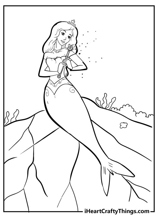 Coloring image for kids of a glamorous mermaid featured on a rock with a magical wand in her hands