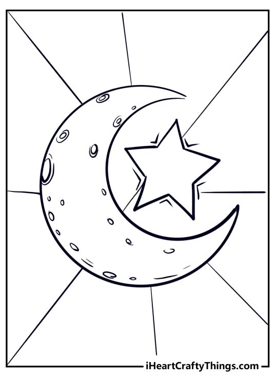 Printable sheet featuring a large crescent and a five-pointed star and at the center of it