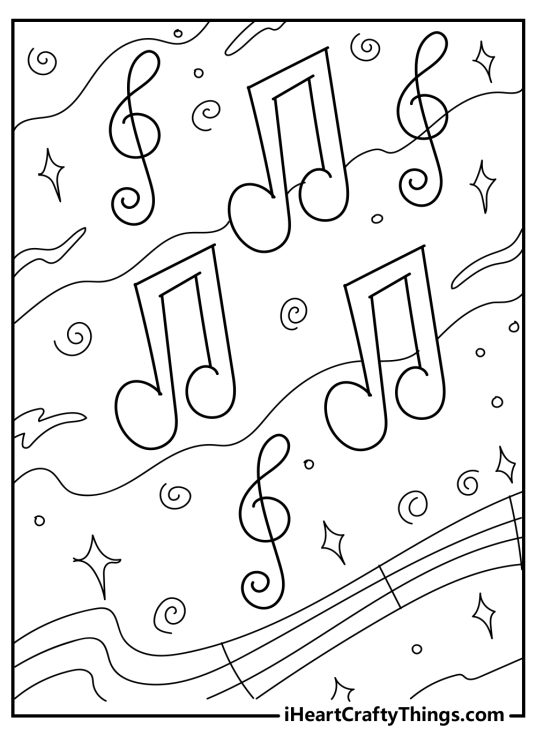 Music-themed coloring sheet featuring a variety of musical notes and symbols with sparkles and swirls all around
