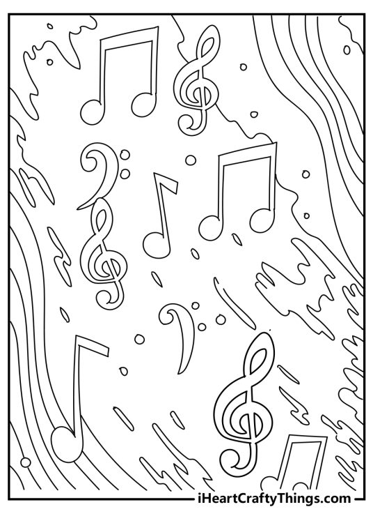 Music-themed coloring image full of different musical notes and symbols surrounded by wavy lines