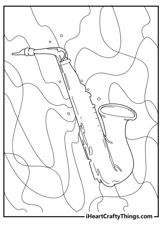 Music-themed image presenting music instrument saxophone surrounded by abstract lines and shapes