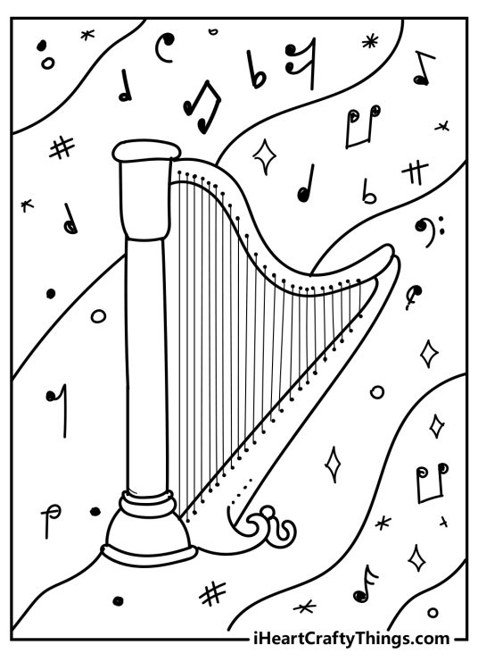 Music-themed picture to print and color featuring harp with a tall column surrounded by music notes