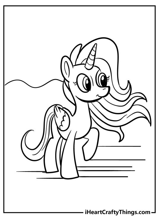 My Little Pony printable page of a cute pony with wings and long hair flowing in the wind