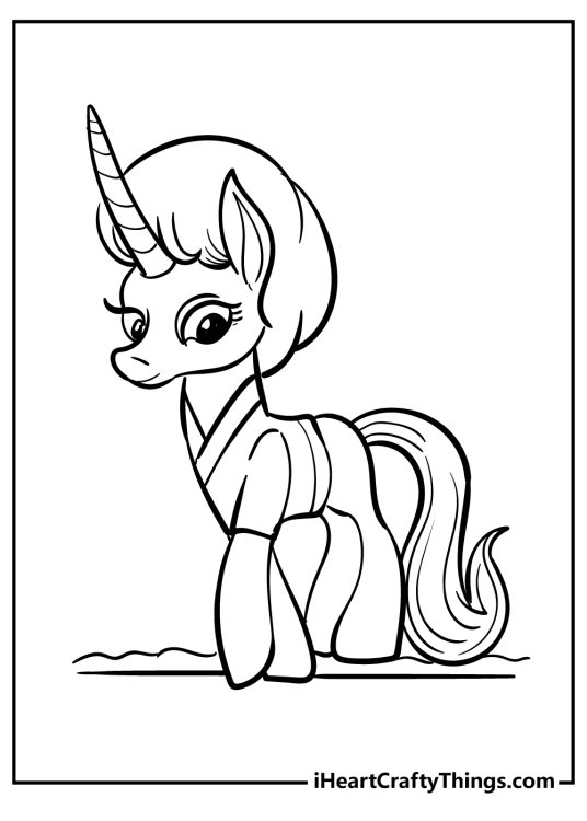 My Little Pony printable coloring page featuring pony with a long horn wearing super stylish little outfit