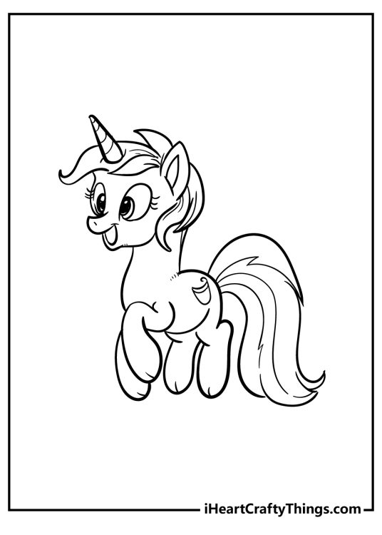My Little Pony coloring sheet for children featuring excited pony with a horn and fluffy tail