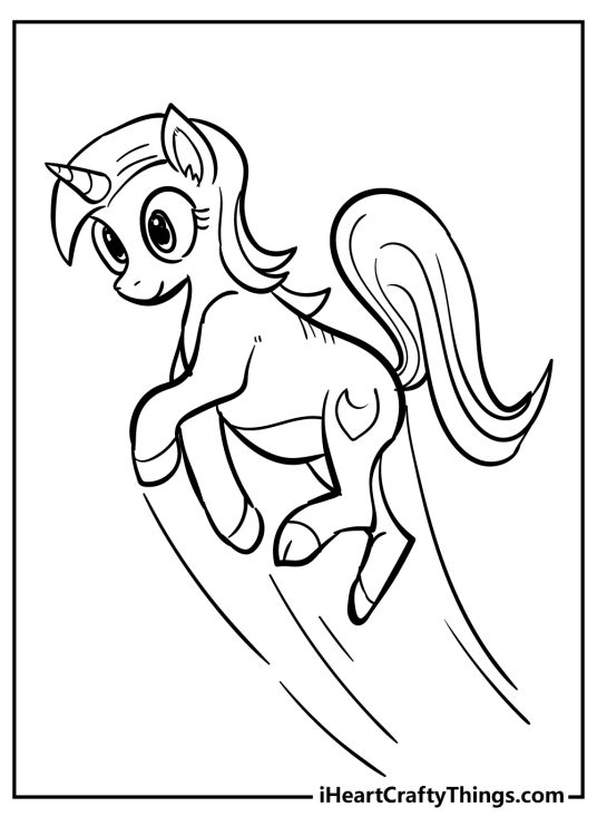 Free My Little Pony-themed coloring printable featuring cute pony flying up into the air