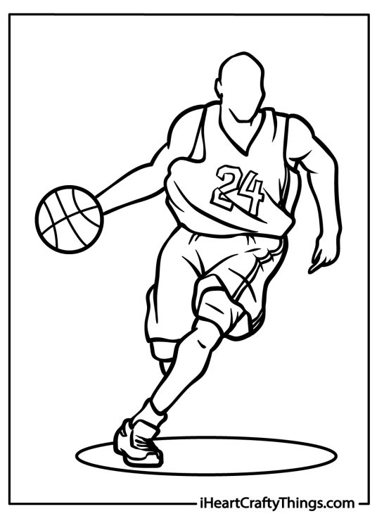 NBA coloring printable presenting a player a blank face and number 24 on his t-shirt featured on a spotlight